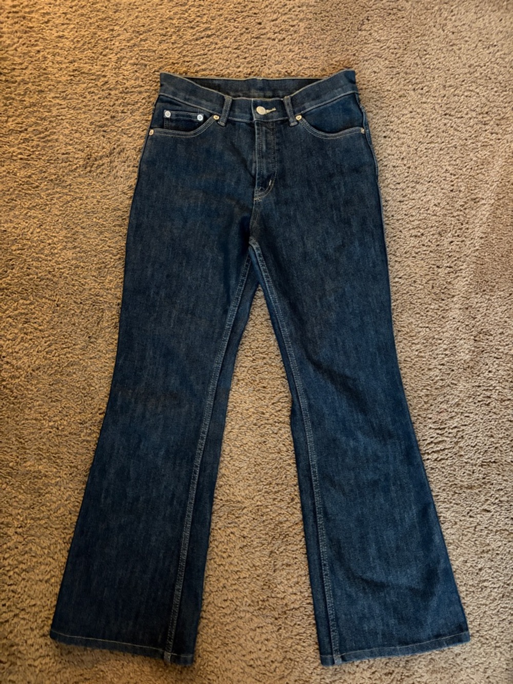 Women's Dark Blue Flare Jeans - Mid Rise Wide Leg